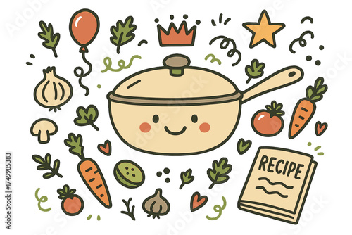 Cute Cooking Doodle. Cooking hobby illustration doodle style: hand drawn pan with smile, crown, star, balloon, vegetables, spices,