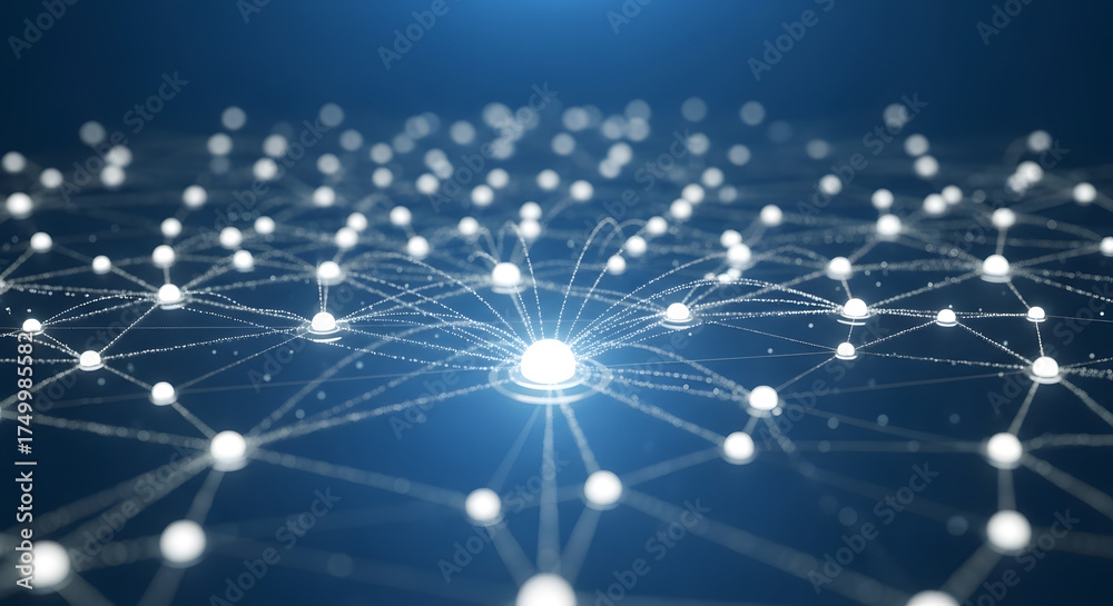 Obraz premium Abstract digital network connections with glowing central hub. Futuristic technology concept representing global data communication and interconnec...