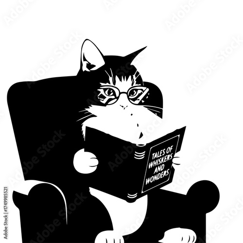 Black and White Cat Wearing Glasses Reading Tales of Whiskers and Wonders Book.