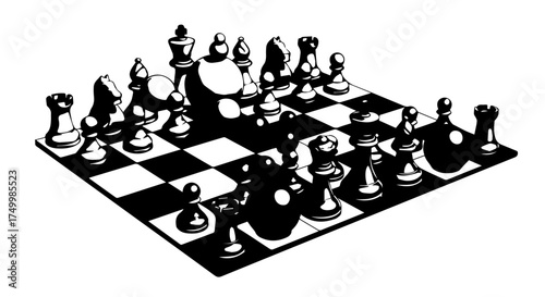 Black and White Chessboard with Chess Pieces in Strategic Positions, Illustration.