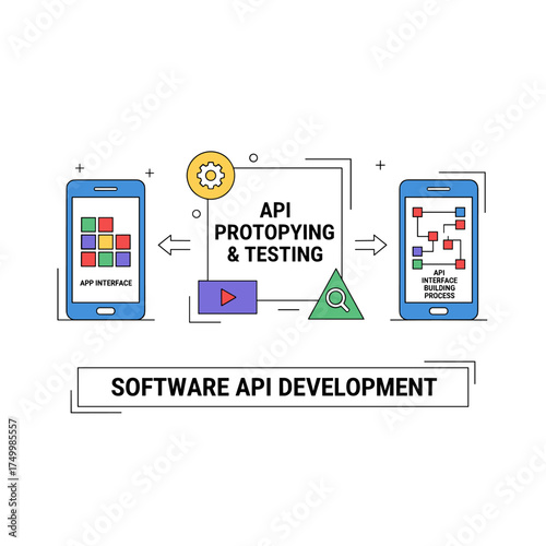 Vector flat-line illustration concepts for prototyping and testing software APIs on smartphones, developing apps with API interfaces, building smartphone interfaces, and creating website banners