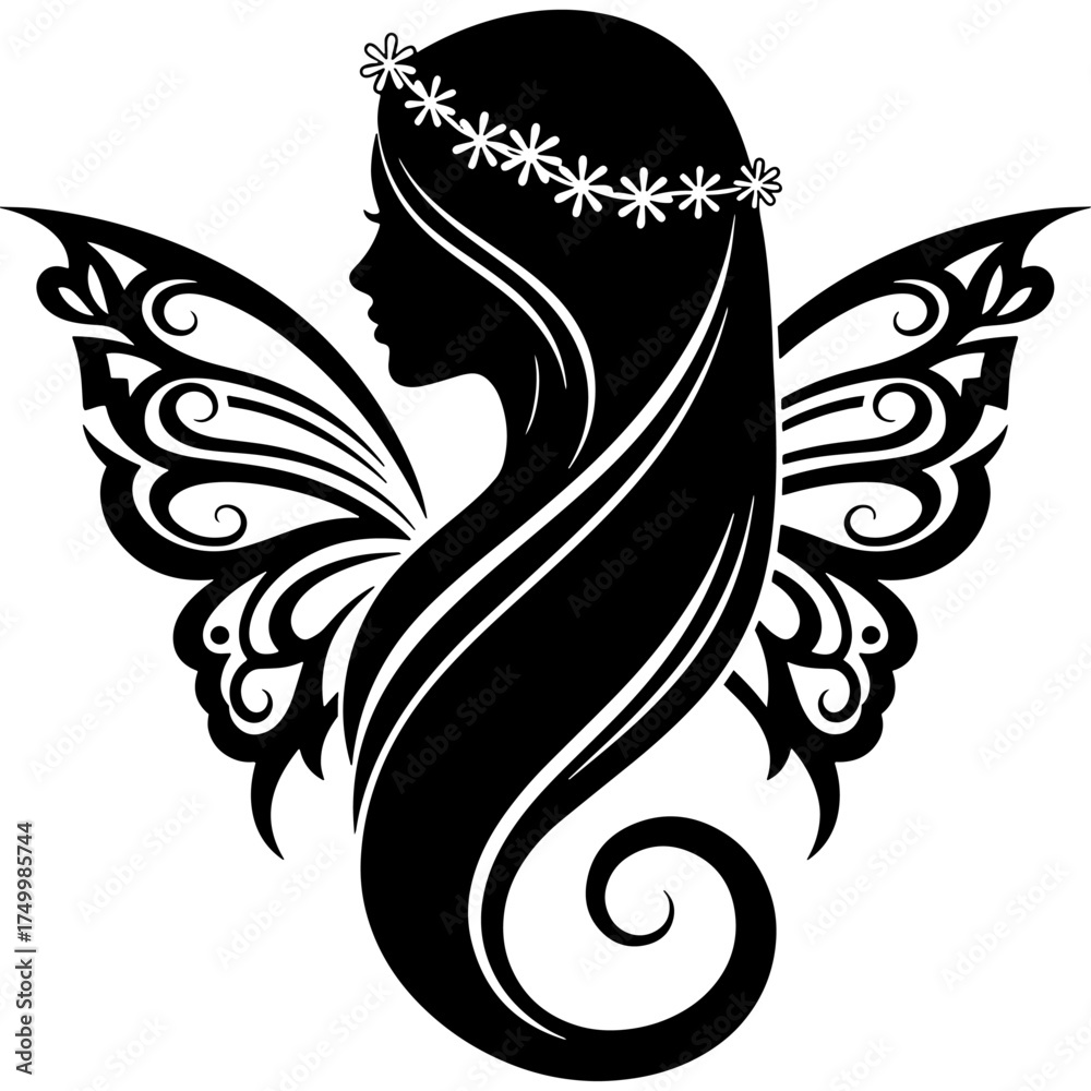 Obraz premium Beautiful silhouette of a beautiful woman with butterfly wings and a flower crown. This vector icon is perfect for a beauty salon, spa, cosmetics brand or wellness logo.