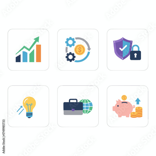A collection of flat design illustration concepts tailored for business and finance, suitable for web banners and promotional materials
