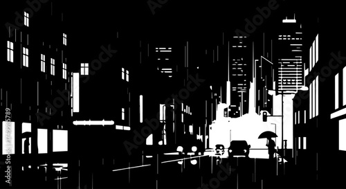 Black and White Cityscape Silhouette Depicting Buildings, Street, and Vehicles at Night.