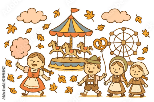 Festive Autumn Amusement. Amusement park doodle with children in traditional clothes, merry-go-round, autumn leaves, pretzel