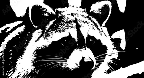 Black and White Close-Up Portrait of a Curious Raccoon with Masked Face.