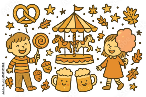 Whimsical Autumn Amusement. Amusement doodle illustration with kids holding sweets, pretzel balloon, carousel horses, autumn