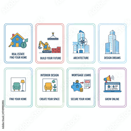 A collection of flat‑line design web banners tailored for real estate, construction, architecture, interior design, and mortgage loans, complemented by vector illustration concepts for web design