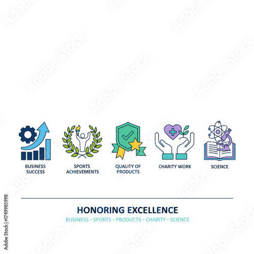 A thin‑line design concept for an awards website banner, using vector illustrations to present information about awards in business success, sports achievements, product quality, charitable work, and