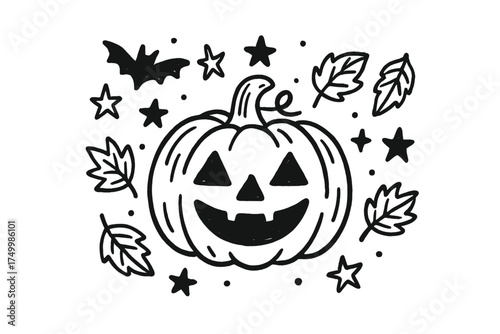 Pumpkin Lantern Doodle. Pumpkin lantern doodle with jack o lantern, stars, bats and autumn leaves isolated transparent background