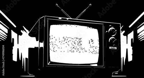 Vintage Black and White Television Displaying Static with Antennae and Knobs.