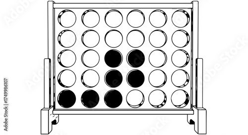 Black and White Connect Four Game Board with Partially Filled Discs.