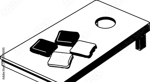 Black and White Cornhole Board with Beanbags, Hole, and Legs.