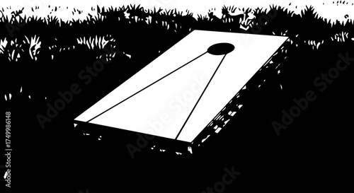 Black and White Cornhole Board with Circular Hole and Angled Lines.
