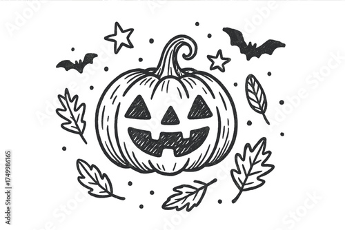 Pumpkin Lantern Doodle. Pumpkin lantern doodle with jack o lantern, stars, bats and autumn leaves isolated transparent background