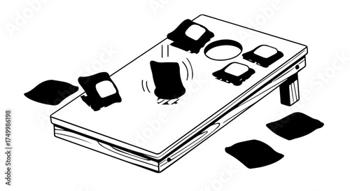 Black and White Cornhole Game Board with Bean Bags and Hole.