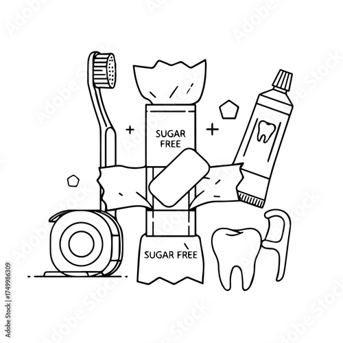 Black and White Dental Hygiene Tools and Products Illustration, Line Art Style.