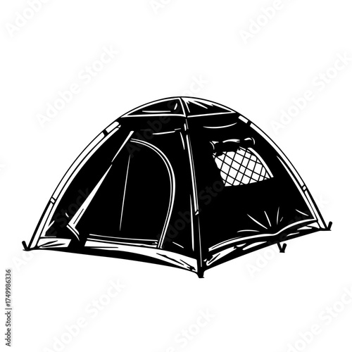 Black and White Detailed Illustration of a Dome-Shaped Camping Tent with Window.