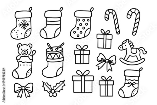 Holiday Stocking Doodles. Holiday stocking doodle icon set: hand drawn icons of decorated stockings, candy canes, toys, gifts,