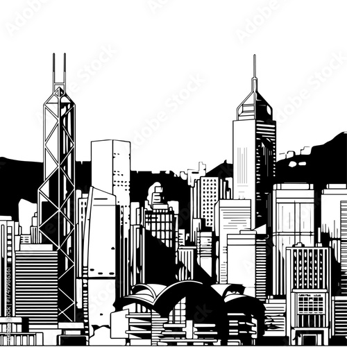 Black and White Detailed Illustration of Hong Kong City Skyline.