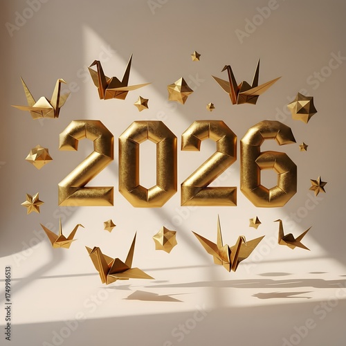 Golden year 2026 with origami cranes and stars numbers
