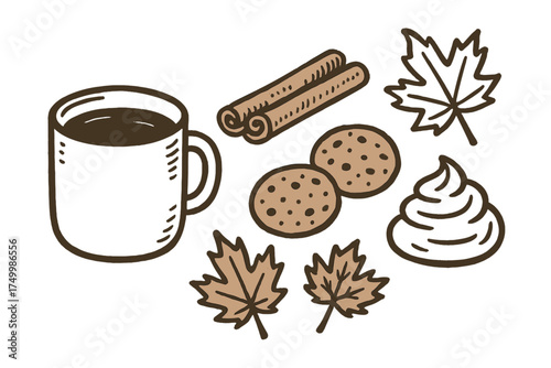 Autumn Coffee Icons. Autumn coffee doodle icon set: hand drawn icons of coffee mug, cinnamon sticks, cookies, whipped cream, and