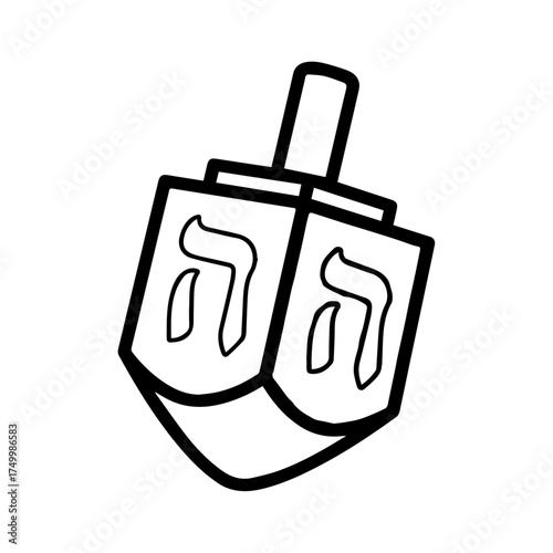 Black and White Dreidel Illustration with Hebrew Letters, Simple Outline Design.