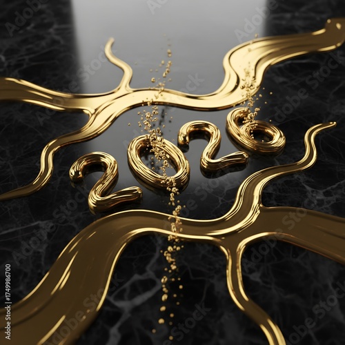 Golden liquid flowing around year 2026 on black marble
