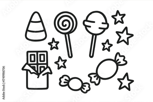 Halloween Candy Doodles. Halloween sweets doodle icon set: hand drawn icons of candy corn, lollipops, chocolate, and stars.