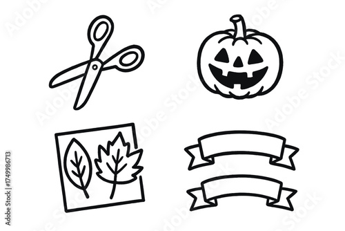 Autumn Crafts Icons. Autumn crafts doodle icon set: hand drawn icons of scissors, paper leaves, pumpkin lantern, and ribbons.