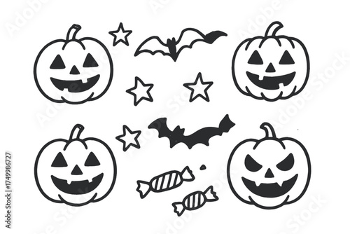 Halloween Icon Set. Halloween lantern doodle icon set: hand drawn icons of jack o lanterns, stars, bats, and candy. isolated