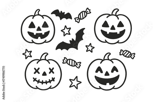 Halloween Icon Set. Halloween lantern doodle icon set: hand drawn icons of jack o lanterns, stars, bats, and candy. isolated