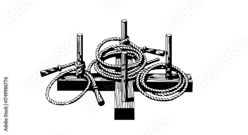 Vintage Ring Toss Game with Wooden Base and Rope Rings, Monochrome Illustration.