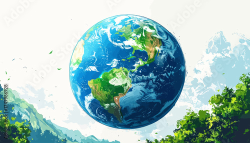 Earth globe with lush greenery and snowy mountains