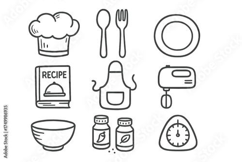 Cooking Doodle Icons. Cooking doodle icon set: hand drawn icons of chef hat, spoon, fork, plate, recipe book, apron, mixer, bowl,