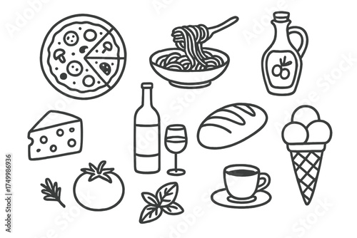Italian Food Icons. Italian food doodle icon set: hand drawn icons of pizza, pasta, olive oil, cheese, wine, bread, tomato, basil,