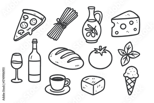 Italian Food Icons. Italian food doodle icon set: hand drawn icons of pizza, pasta, olive oil, cheese, wine, bread, tomato, basil,
