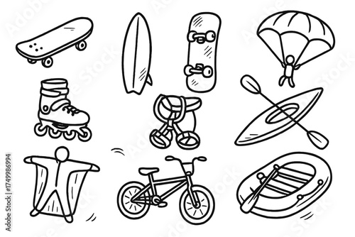 Extreme Sports Icons. Extreme sports doodle icon set: hand drawn icons of skateboard, surfboard, snowboard, parachute,