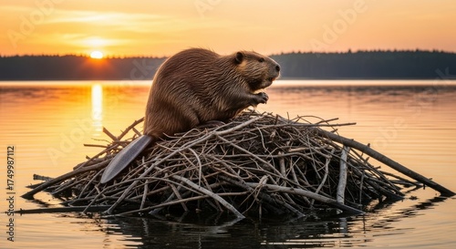 Beaver on dam home at sunset, tranquil lake, soft light, wild nature. Wildlife, animal habitat, ecosystem, environmental, natural scenery, mammal and lakeside landscape concept