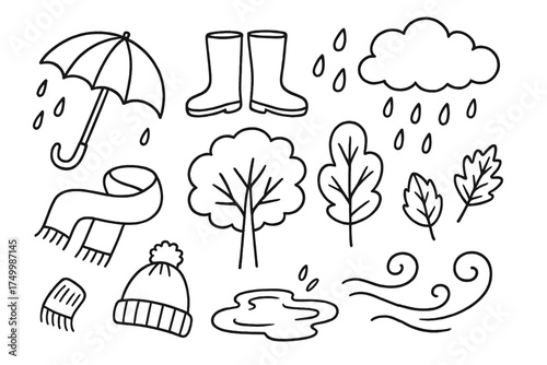 Autumn Rain Doodle Icons. Autumn rain doodle icon set: hand drawn icons of umbrella, rain boots, puddles, clouds, drops, scarf,