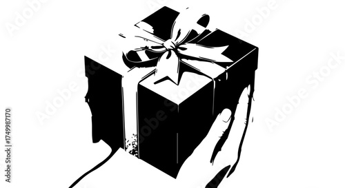 Black and White Gift Box with Ribbon Held by Hand, Isolated.