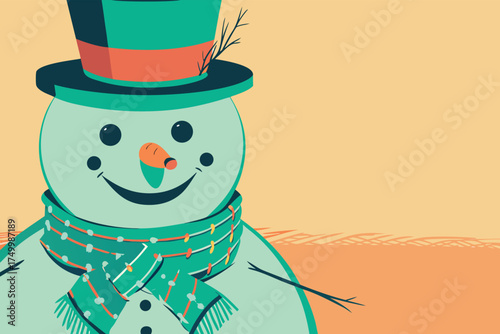 Charming snowman illustration wearing a top hat and scarf smiling merrily