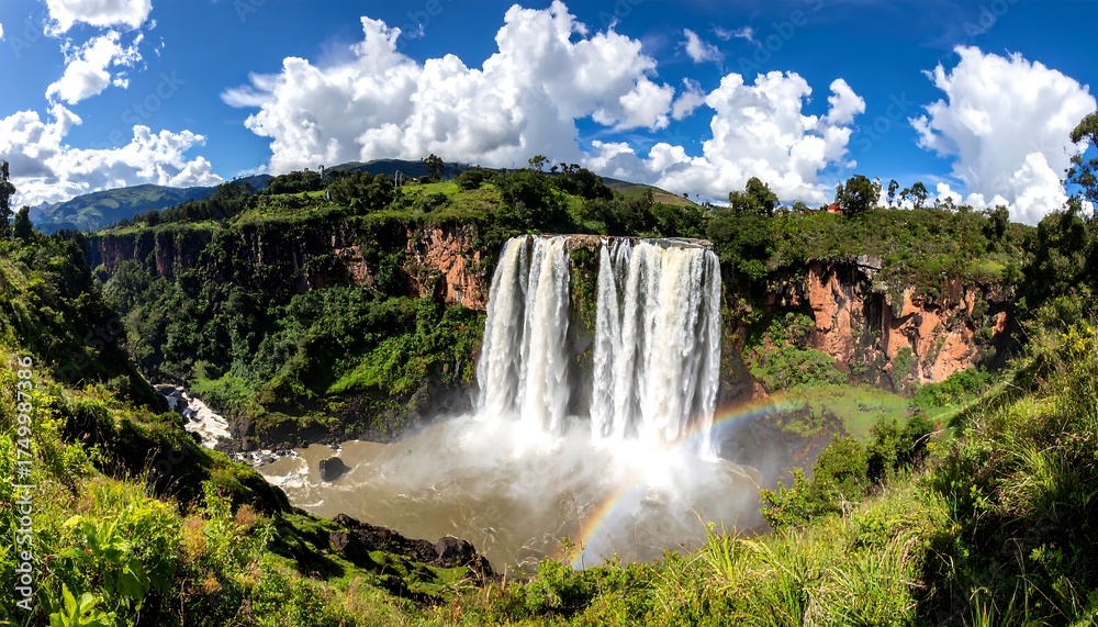 Fototapeta premium Majestic Waterfall Cascading Through Lush Green Landscape.