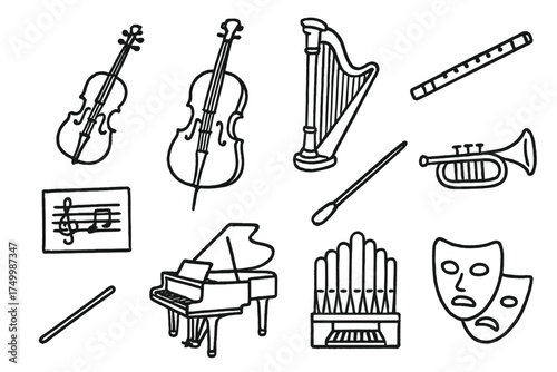 Classical Music Icons. Classical music doodle icon set: hand drawn icons of violin, cello, harp, flute, piano, conductor baton,