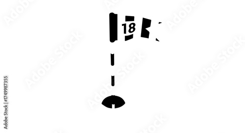 Black and White Golf Flag with Number 18 and Hole Silhouette.