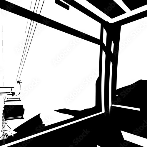 Black and White Gondola Lift Silhouette Ascending Through the Air, Minimalist Design.