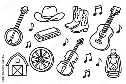 Country Music Doodle Icons. Country music doodle icon set: hand drawn icons of banjo, cowboy hat, boots, harmonica, guitar, wagon