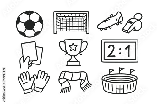 Football Doodle Icons. Football doodle icon set: hand drawn icons of ball, goal net, boots, whistle, referee card, trophy,