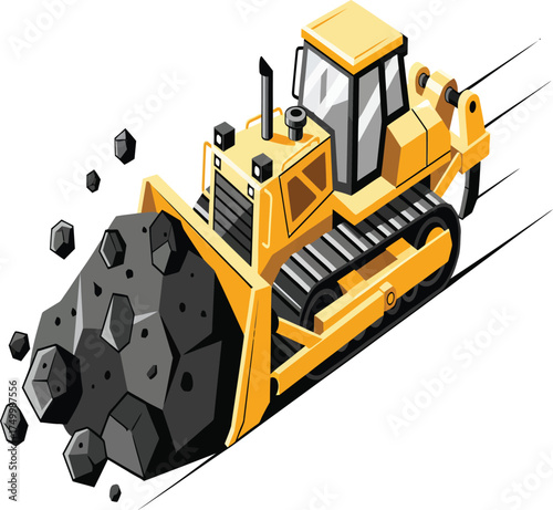 Vector, illustration of a bulldozer at a coal mine with coal materials, poster, printing, design, background, sticker,