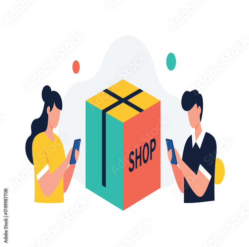 vector illustration of a group of people, shop, buy, e-commerce, online shop, buy, sell, 